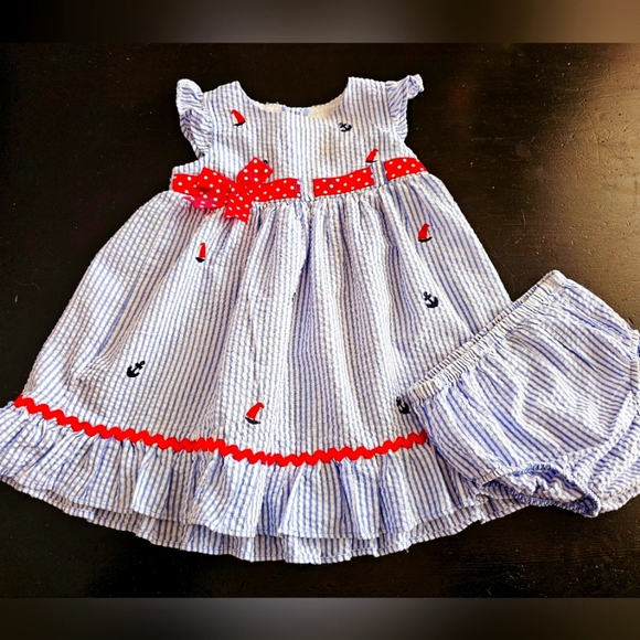 Striped Baby Dress with Red Accents With Matching Bloomers. 18 Months - Picture 1 of 7